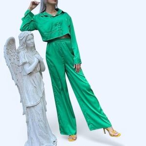 Green Satin Wide-Leg Pants & Crop Shirt Set
